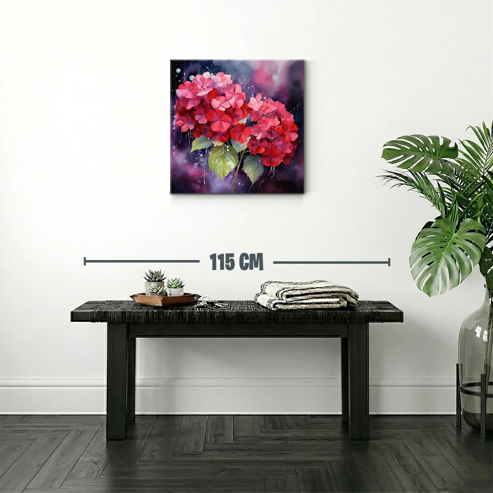 Vibrante cuadro con hortensias en tonos rojos y rosas — miniatura 2