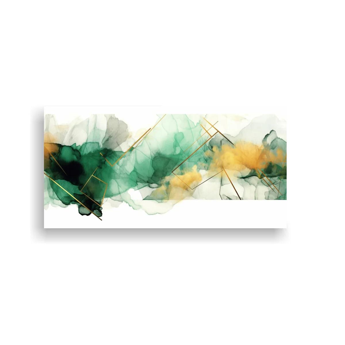 Cuadro paisaje abstracto en acuarela con líneas doradas