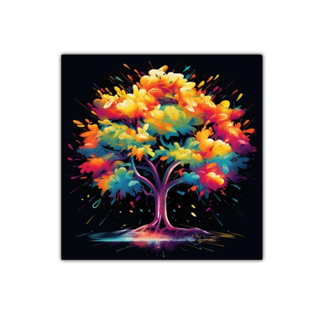 Árbol vibrante con explosión de colores intensos y luz dinámica