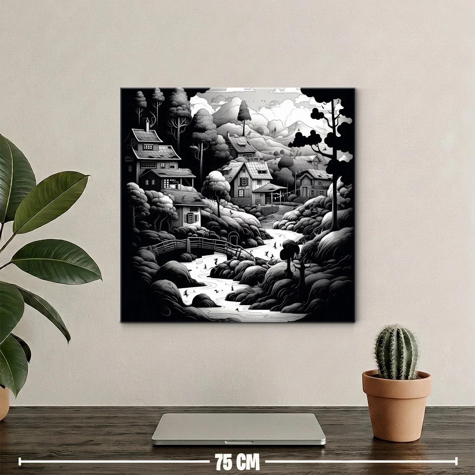 Paisaje rural en blanco y negro con casas y río serpenteante — miniatura 2