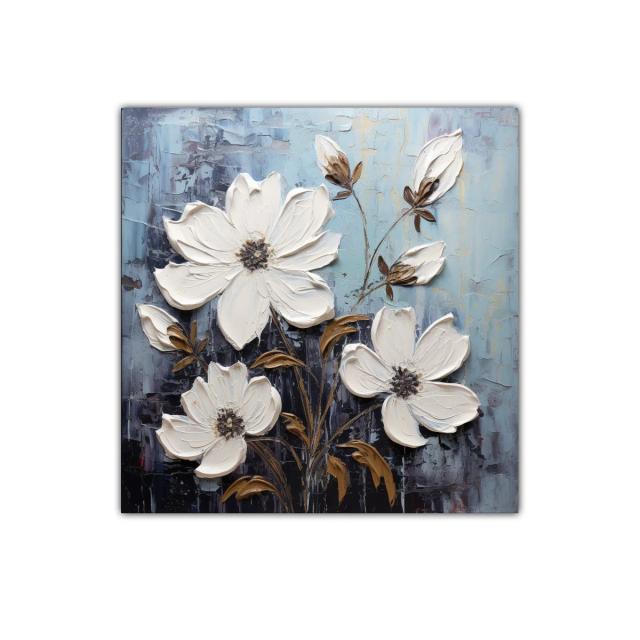 Cuadro decorativo con flores blancas y fondo azul grisáceo
