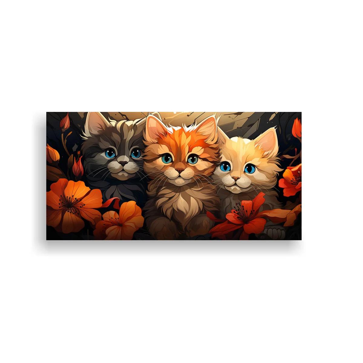 Cuadro tres gatitos entre flores grandes