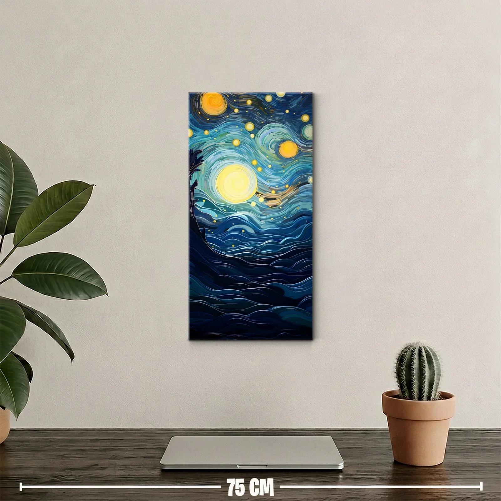 Cuadro noche estrellada con luna y líneas curvas brillantes — miniatura 2