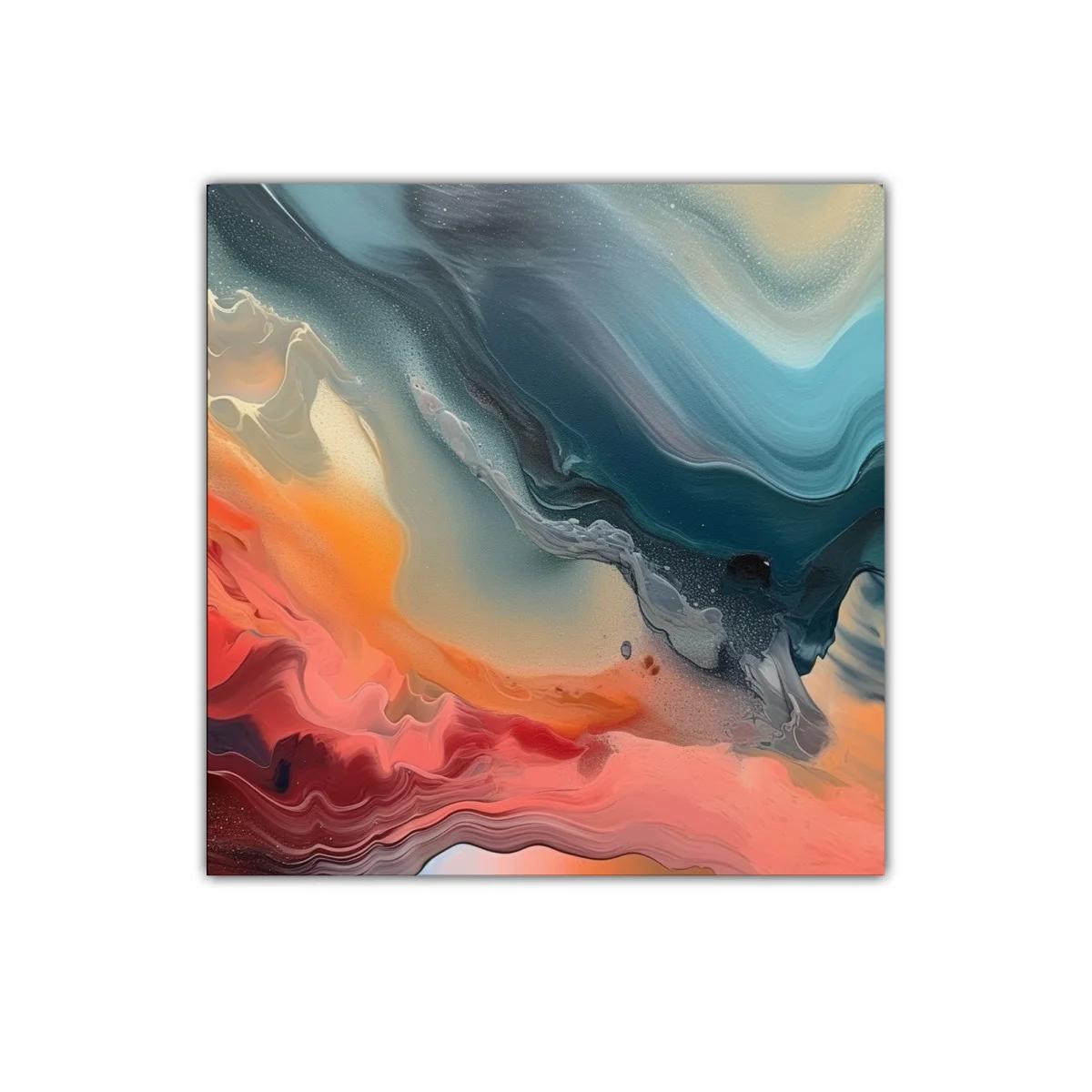 Cuadro abstracto en tonos cálidos y fríos con movimiento fluido
