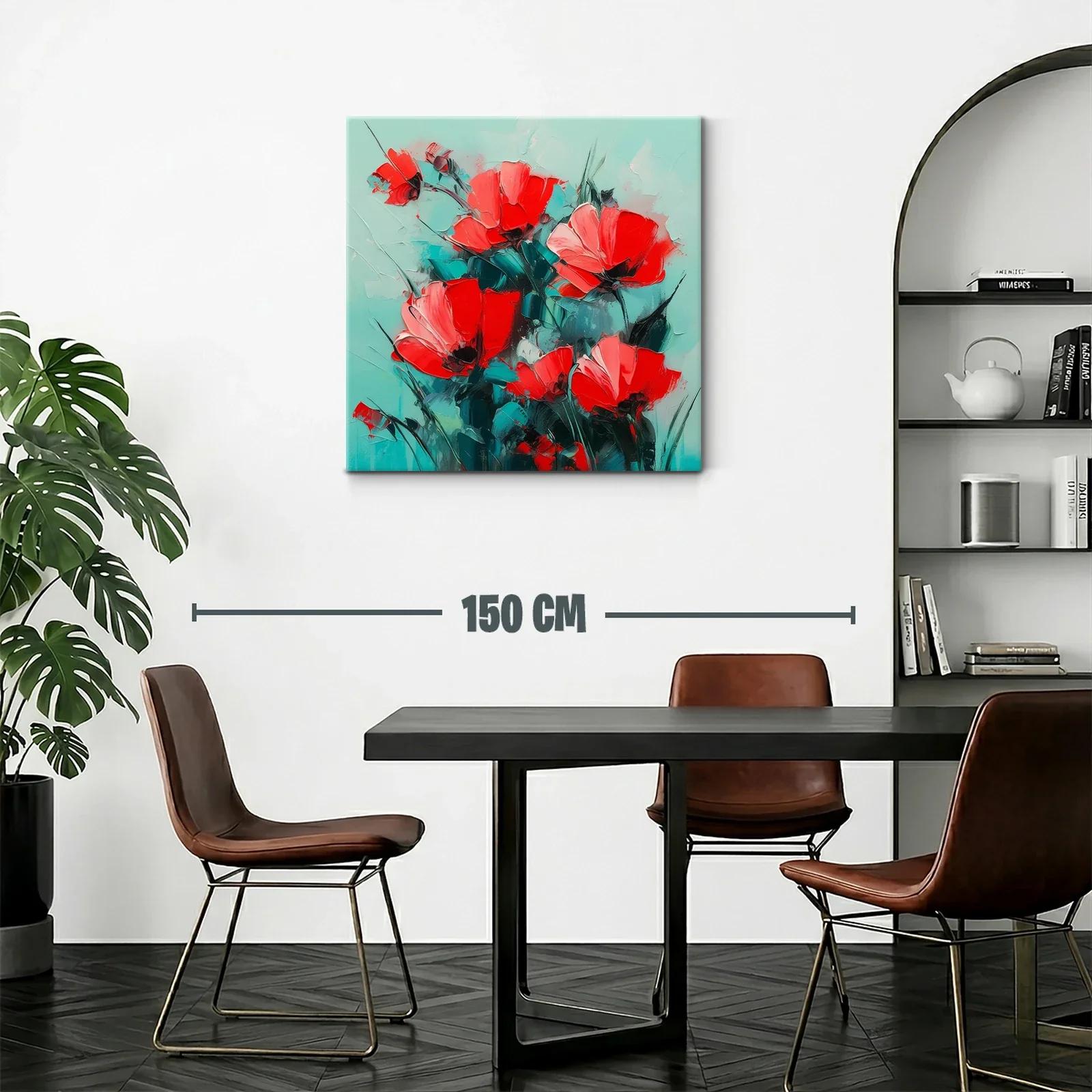 Cuadro floral con vibrantes amapolas rojas sobre fondo turquesa — miniatura 2