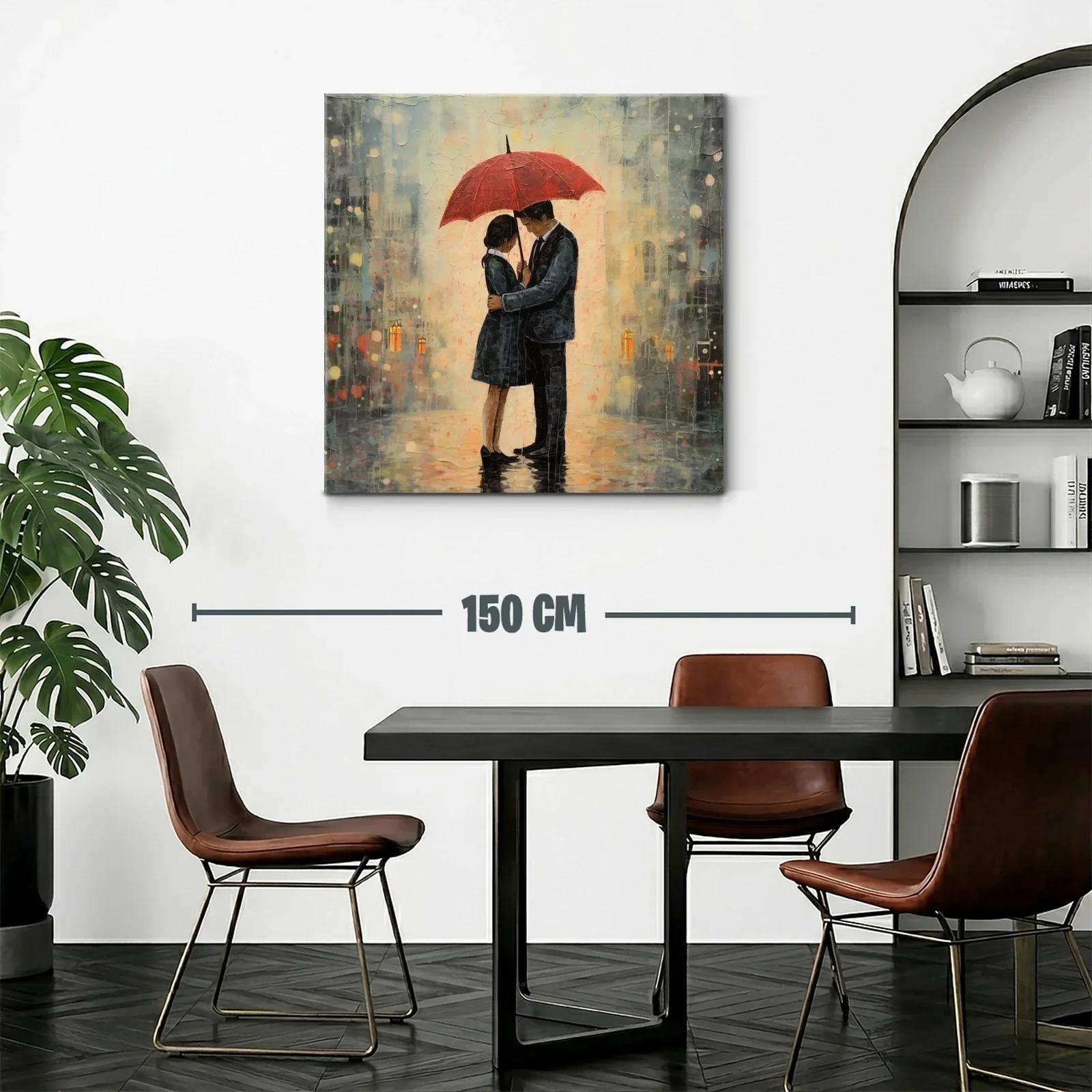 Romántico abrazo bajo un paraguas rojo en la lluvia — miniatura 2