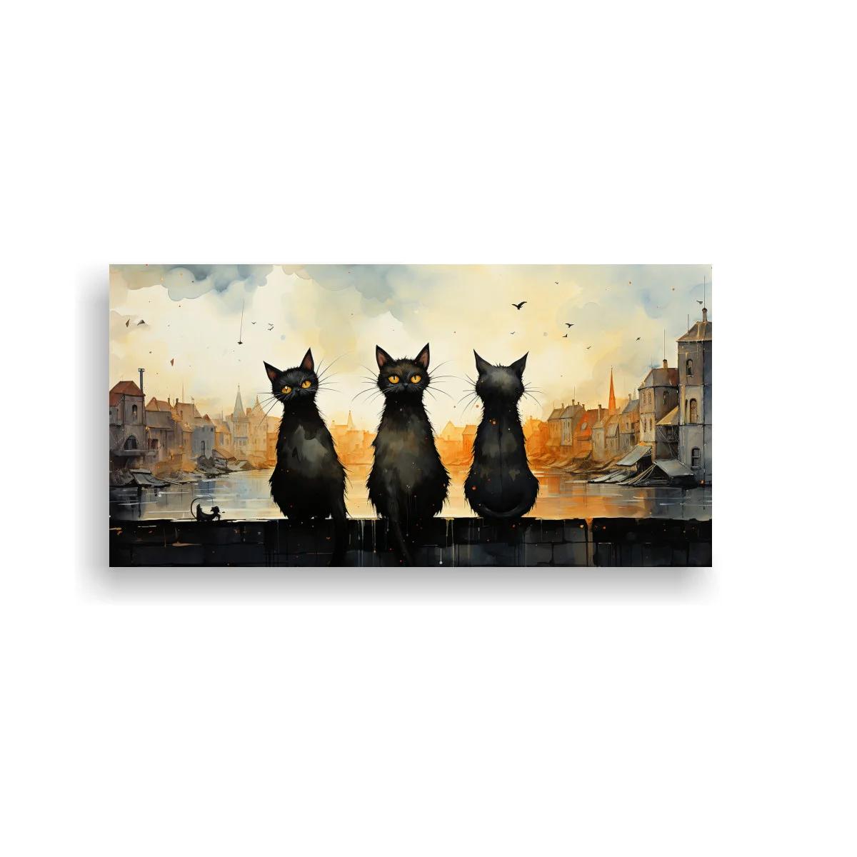 Cuadro tres gatos negros junto al canal