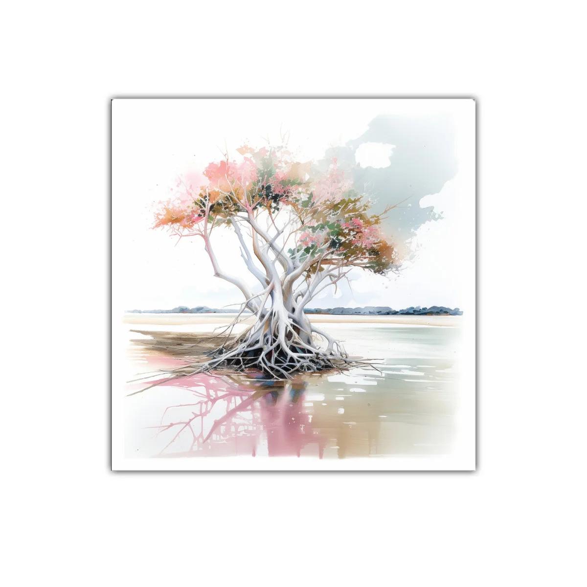 Árbol solitario con tonos suaves y reflejos acuáticos