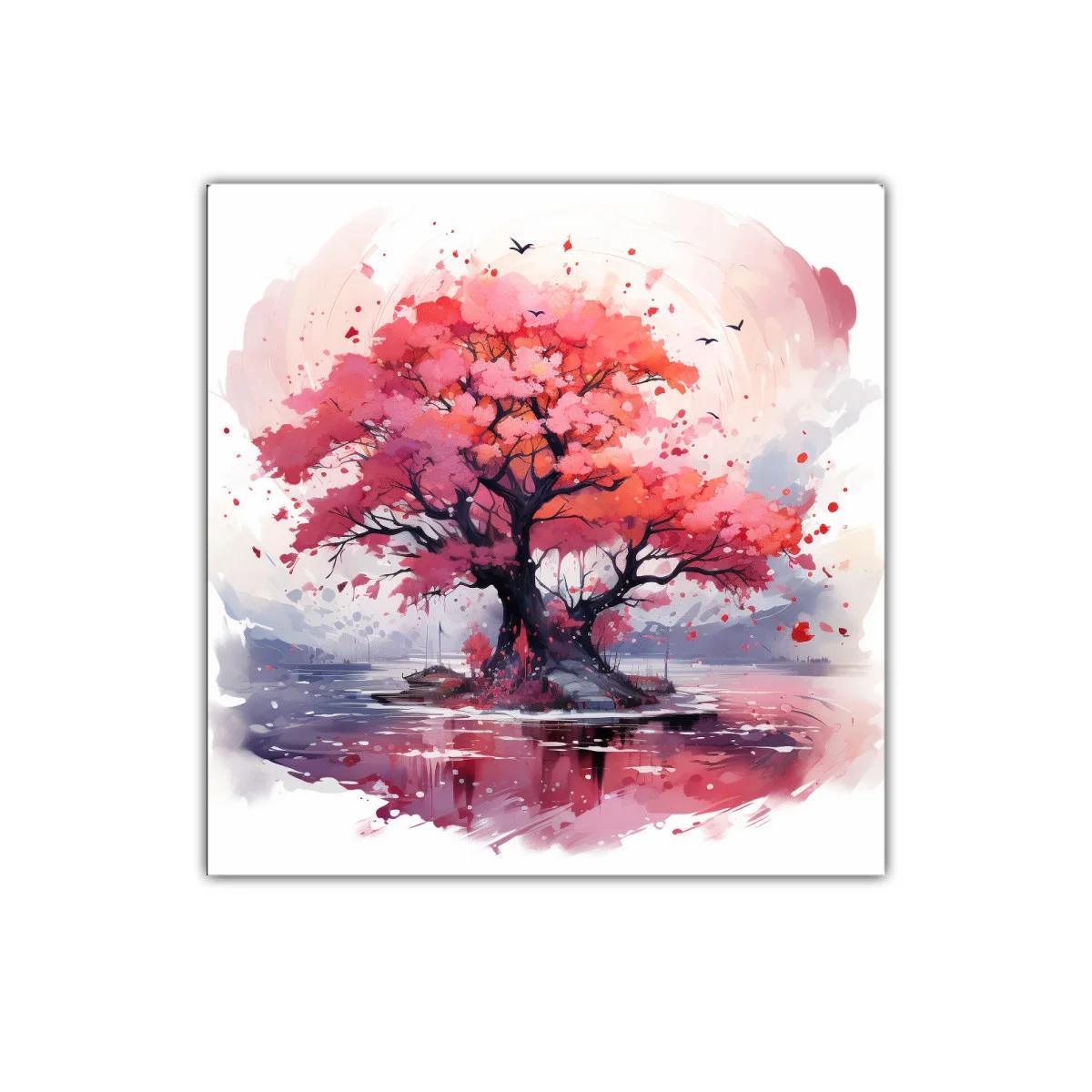 Árbol en tonos rosas y rojos sobre lago sereno — imagen principal