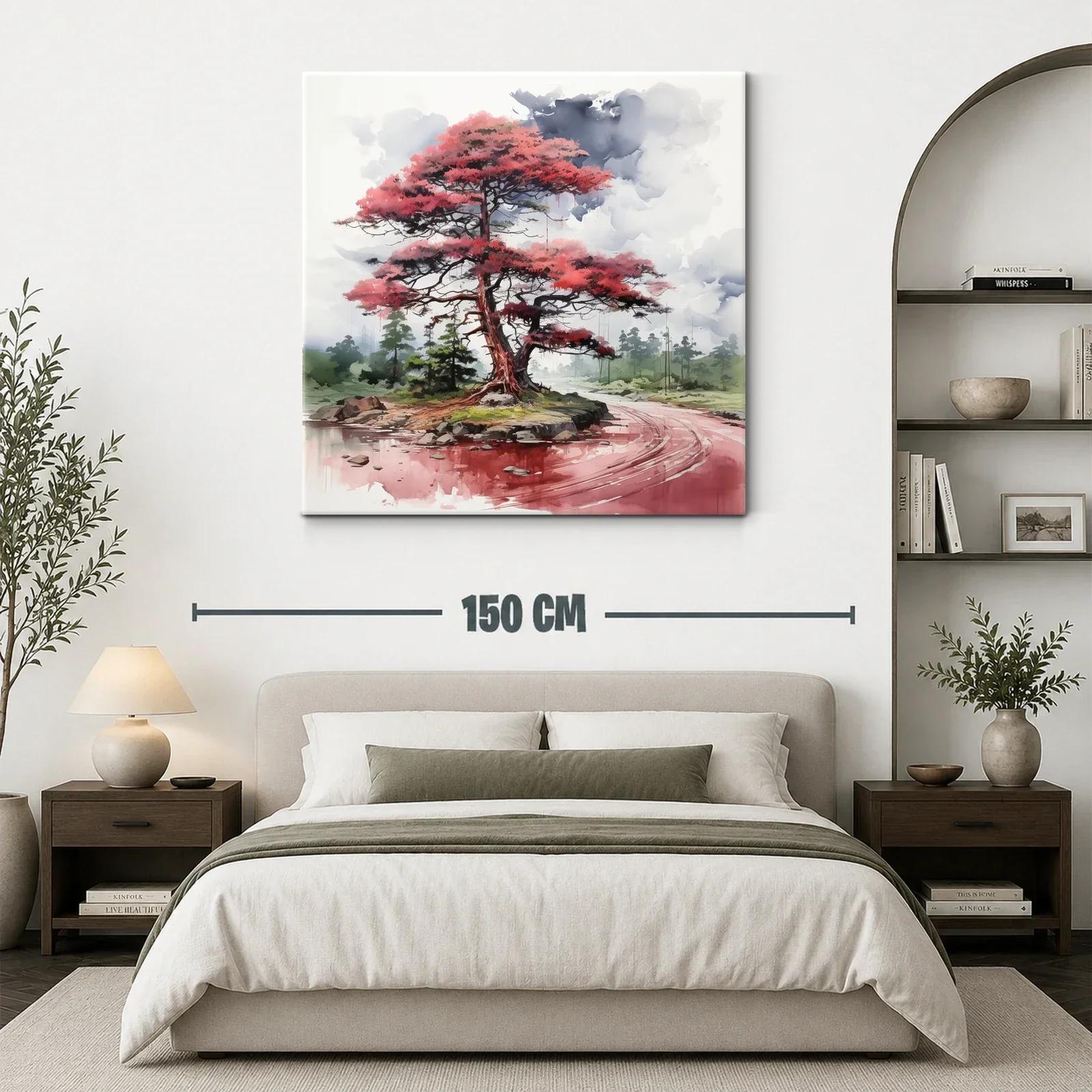 Árbol rojo junto al río en paisaje tranquilo y etéreo — miniatura 3