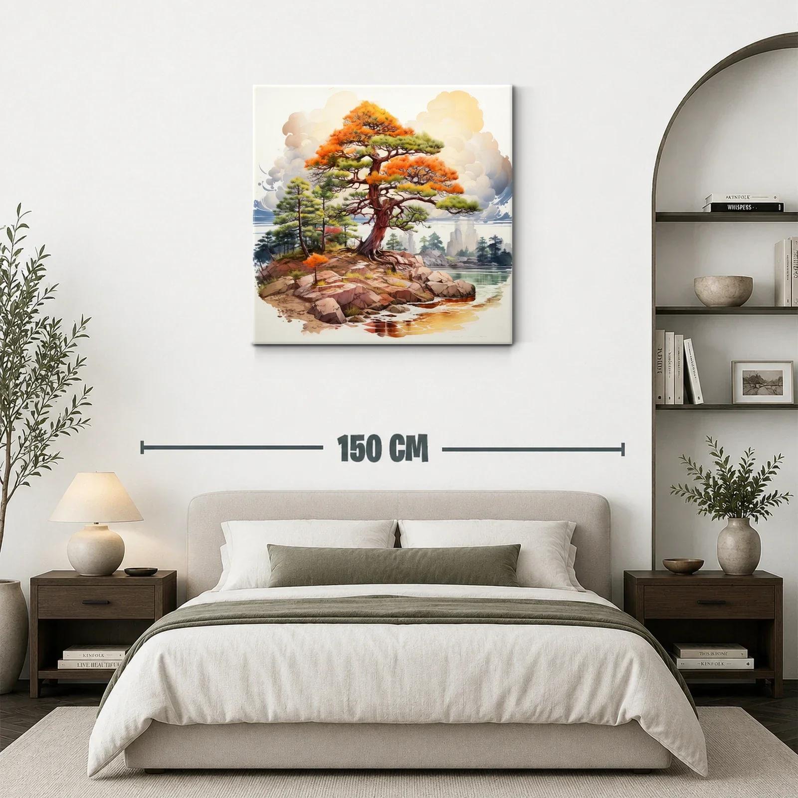 Paisaje con árbol en tonos cálidos junto al agua y rocas — miniatura 3