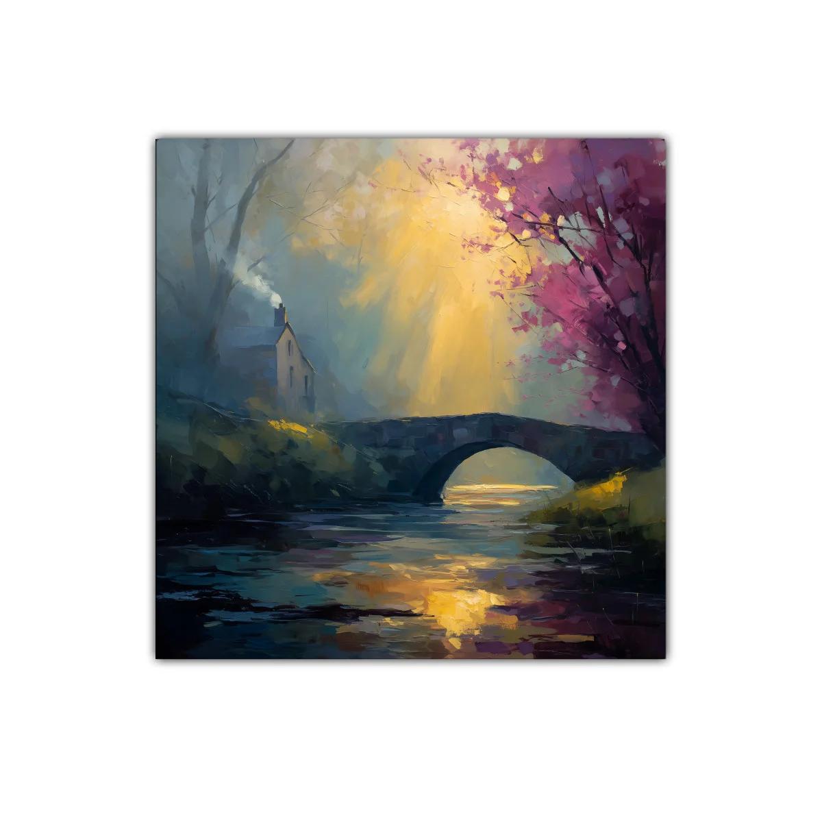 Paisaje de puente y río con luz dorada y árbol en flor