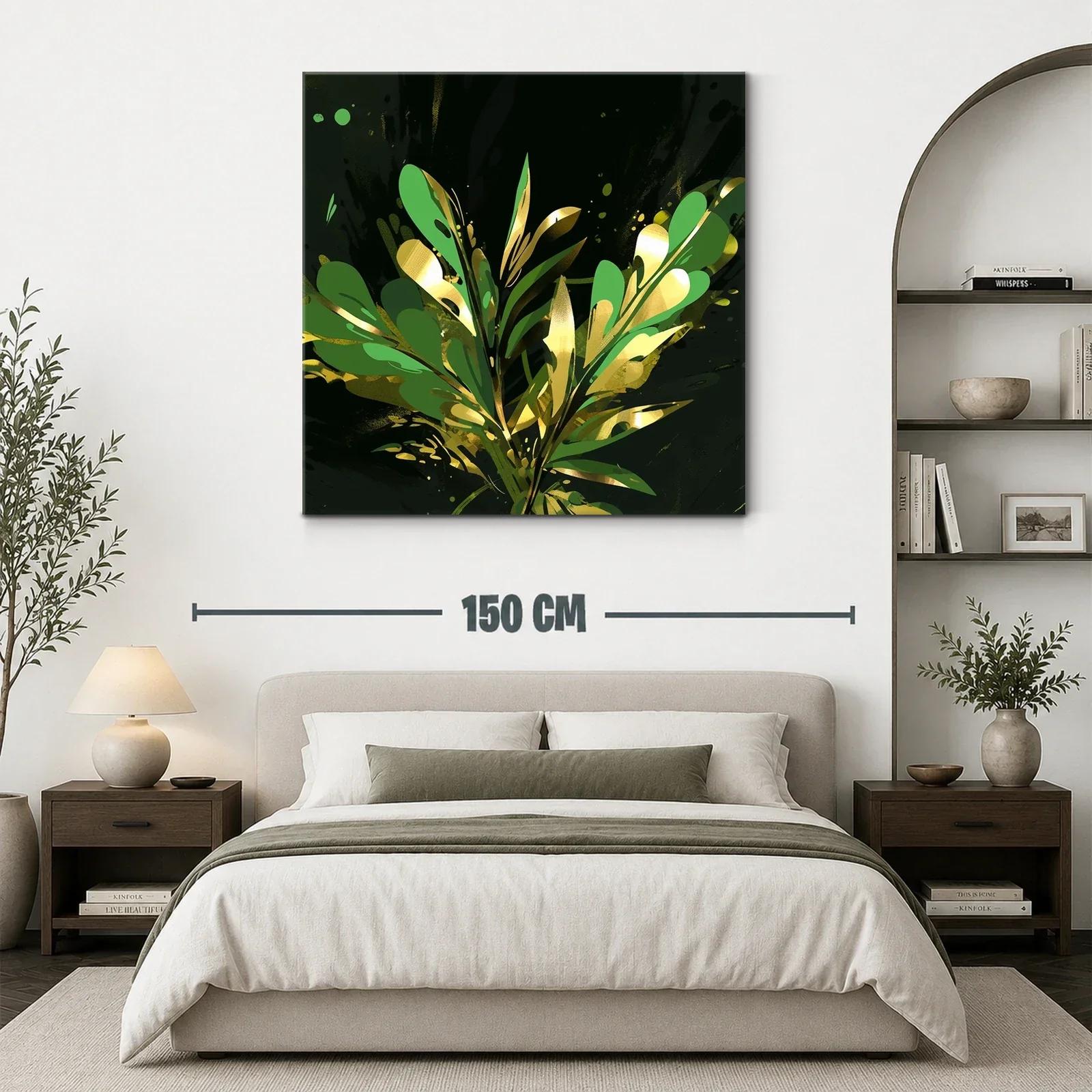 Cuadro abstracto con motivos vegetales dorados y verdes — miniatura 3