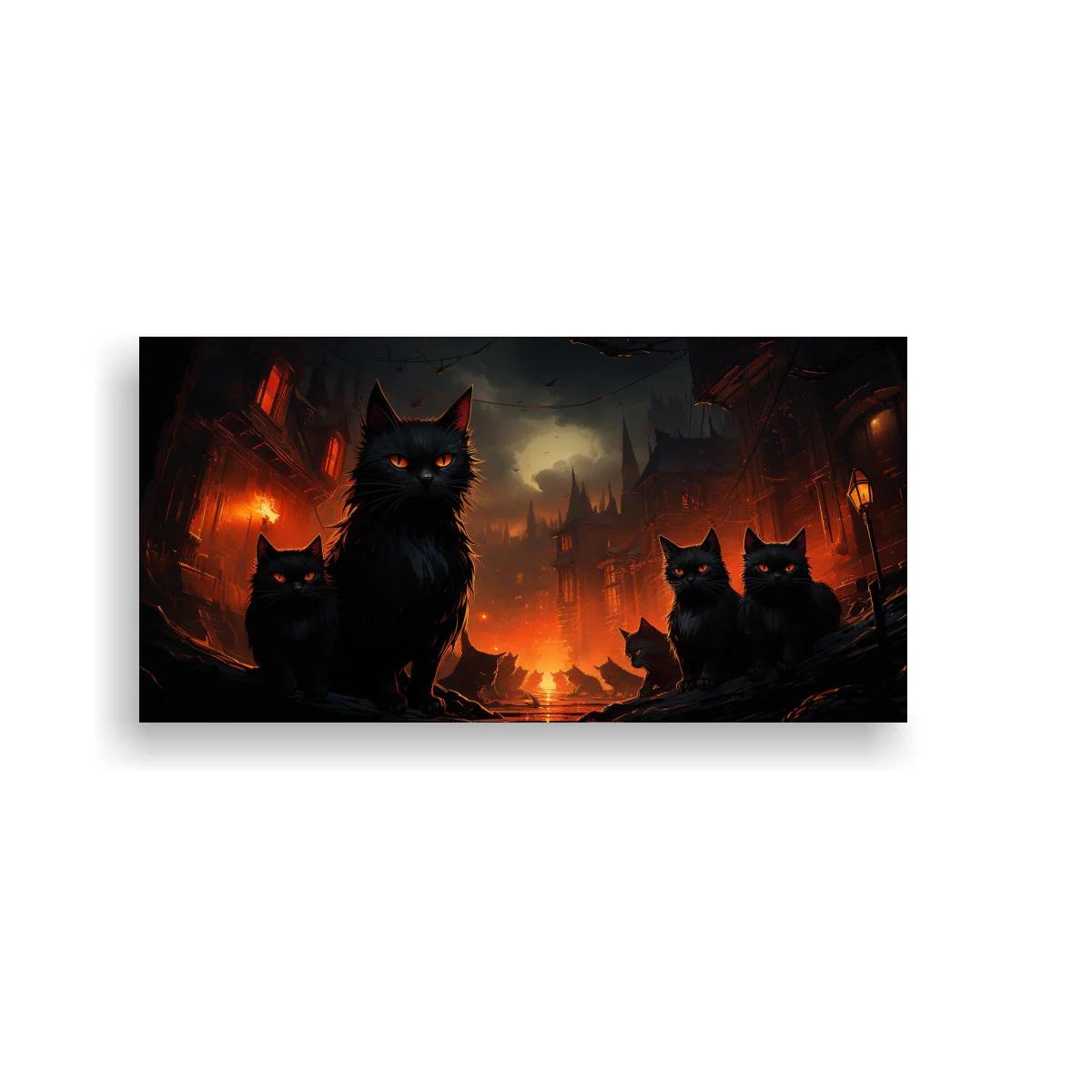 Cuadro gatos negros con ciudad en ruinas y resplandor de fuego — imagen principal
