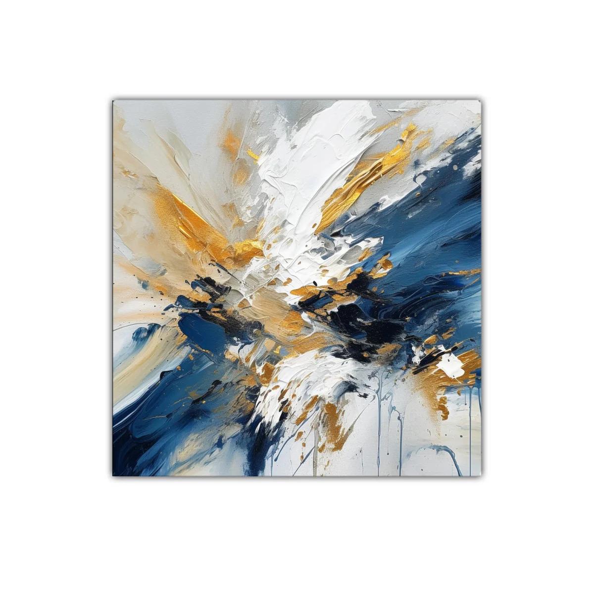 Cuadro artístico abstracto en tonos azul, dorado y blanco