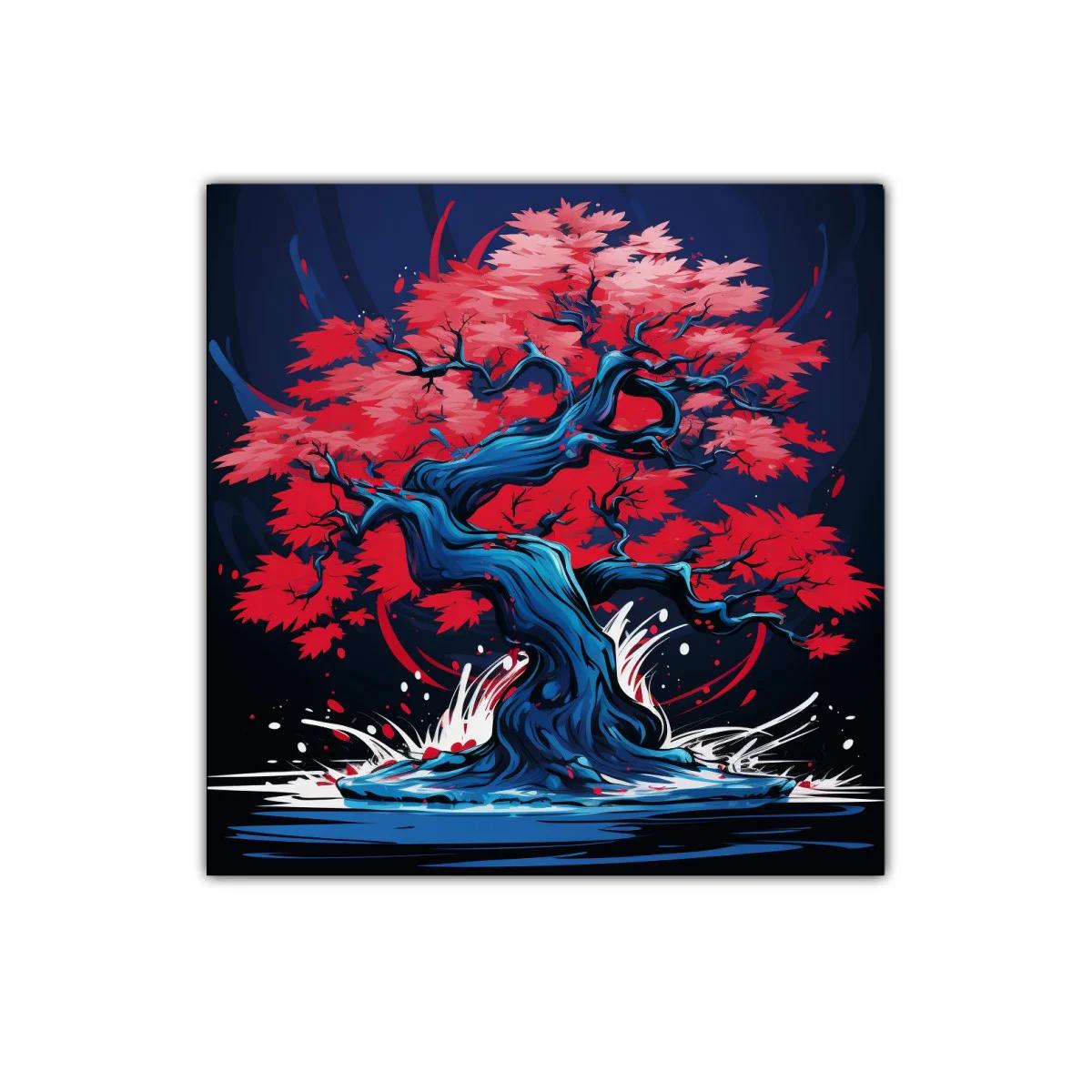 Árbol de otoño vibrante con tonos rojos y azules