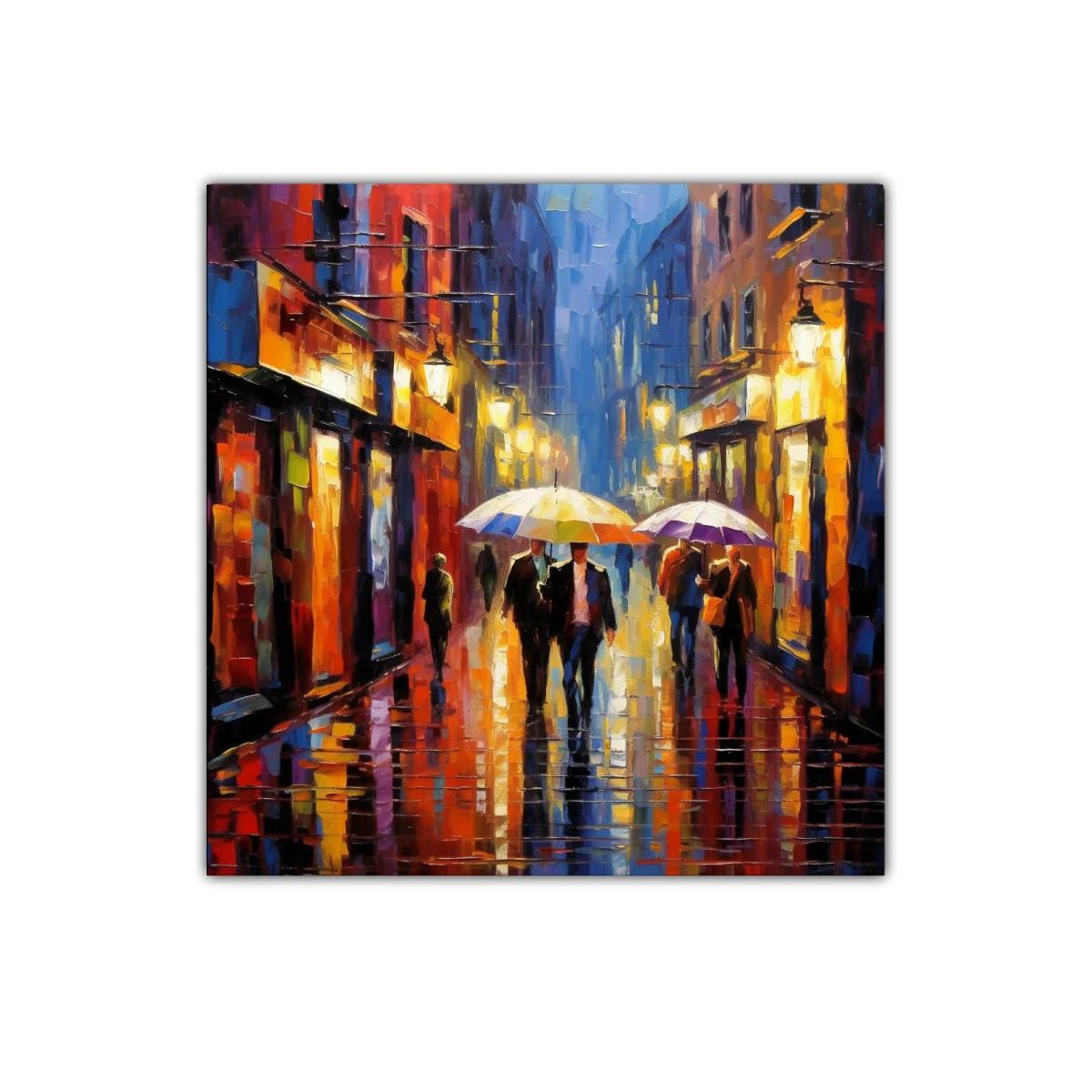 Calle lluviosa con paraguas en tonos cálidos y vibrantes — imagen principal