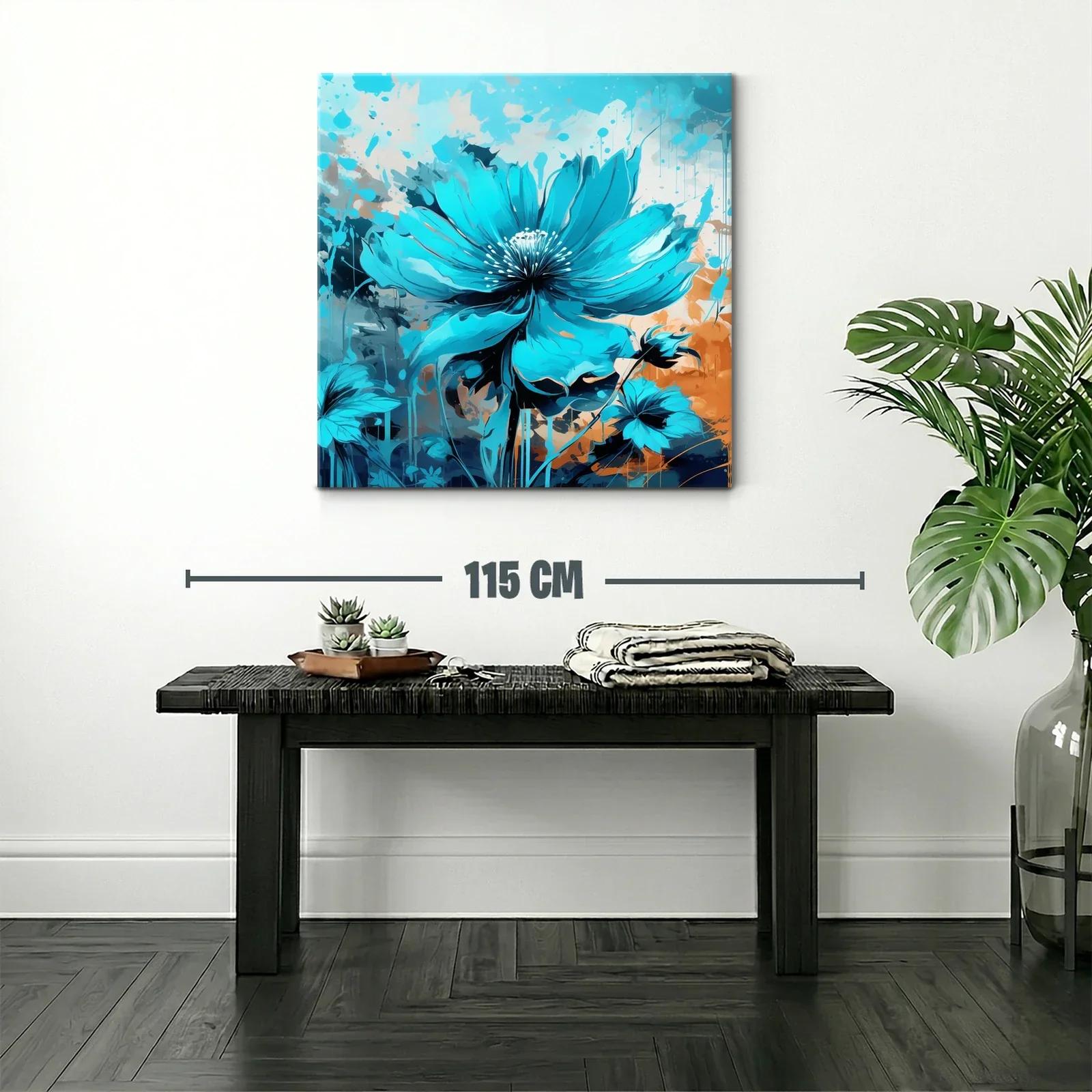 Cuadro con flor azul vibrante sobre fondo abstracto cálido — miniatura 2