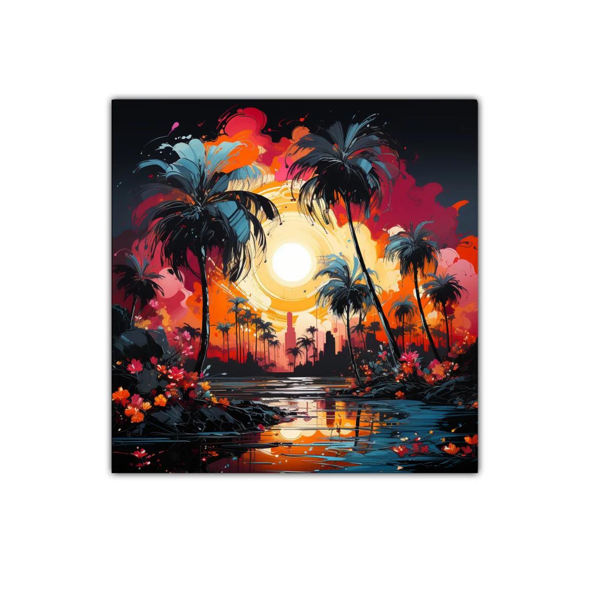 Atardecer vibrante con palmeras y reflejos urbanos — miniatura 1