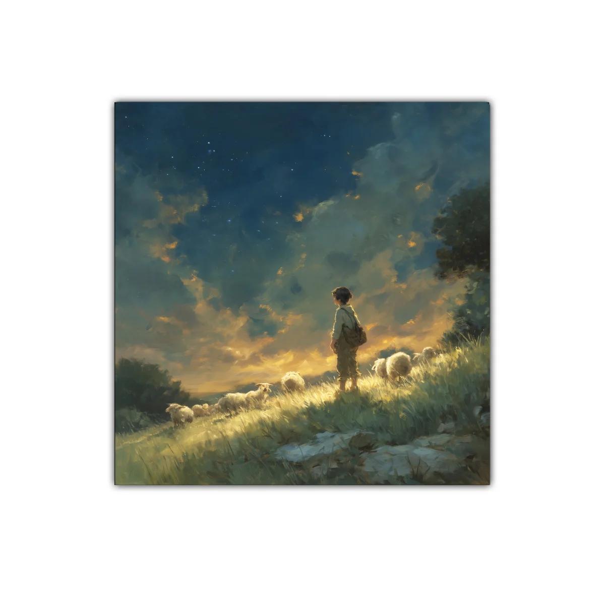 Niño pastor bajo un cielo estrellado con ovejas — imagen principal