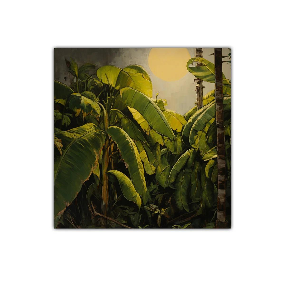 Cuadro tropical con hojas de plátano y sol radiante — imagen principal