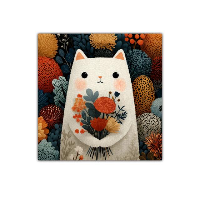 Ilustración de gato blanco con flores otoñales