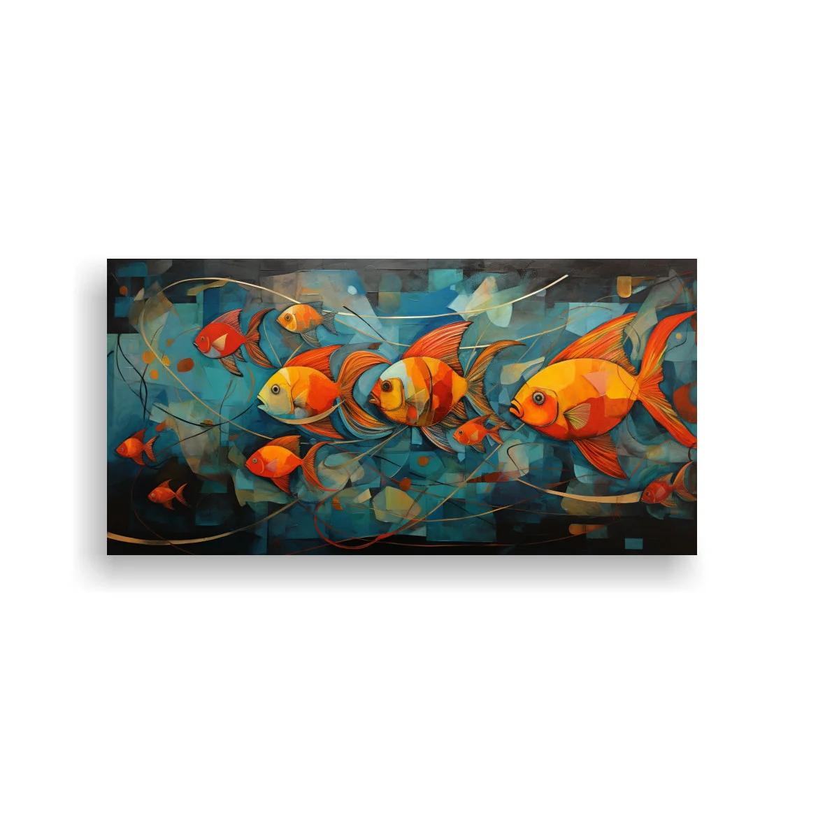 Cuadro peces dorados naranjas con líneas curvas y fondo azul verdoso — imagen principal