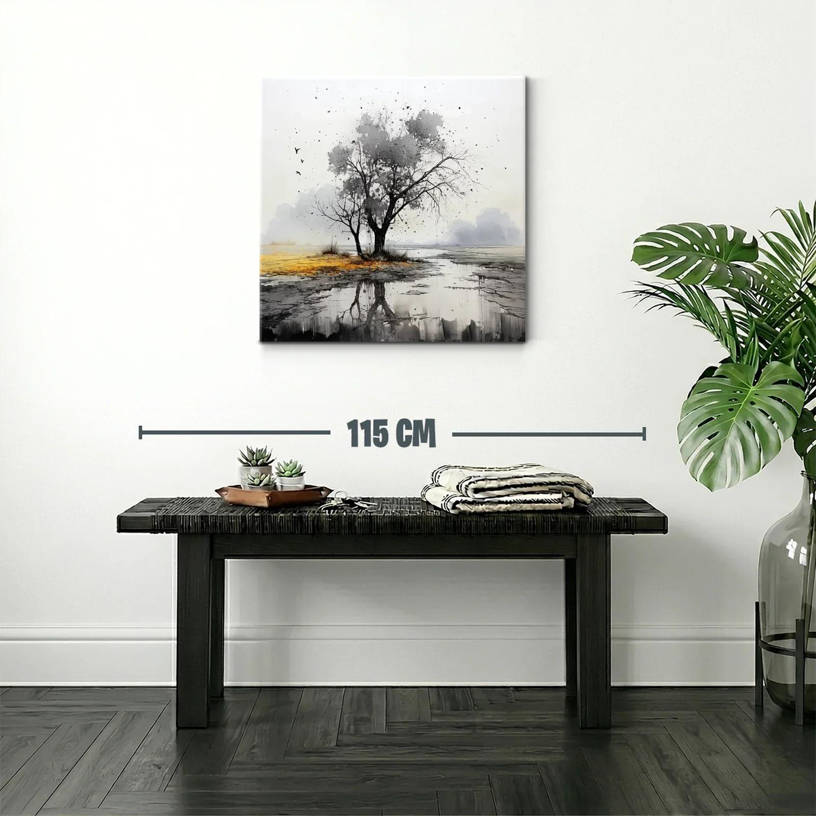 Paisaje sereno con árbol y reflejo en tonos neutros — miniatura 2