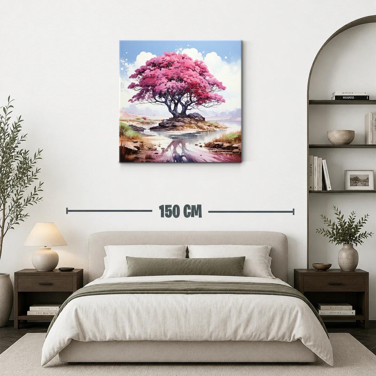 Árbol rosa reflejado en un lago sereno y tranquilo — miniatura 3