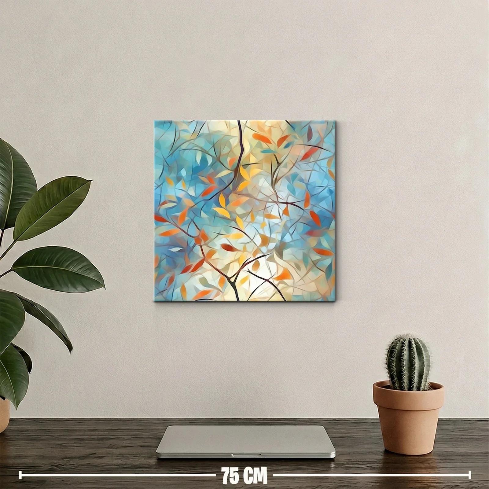 Cuadro abstracto con ramas y hojas en tonos cálidos y azules — miniatura 2