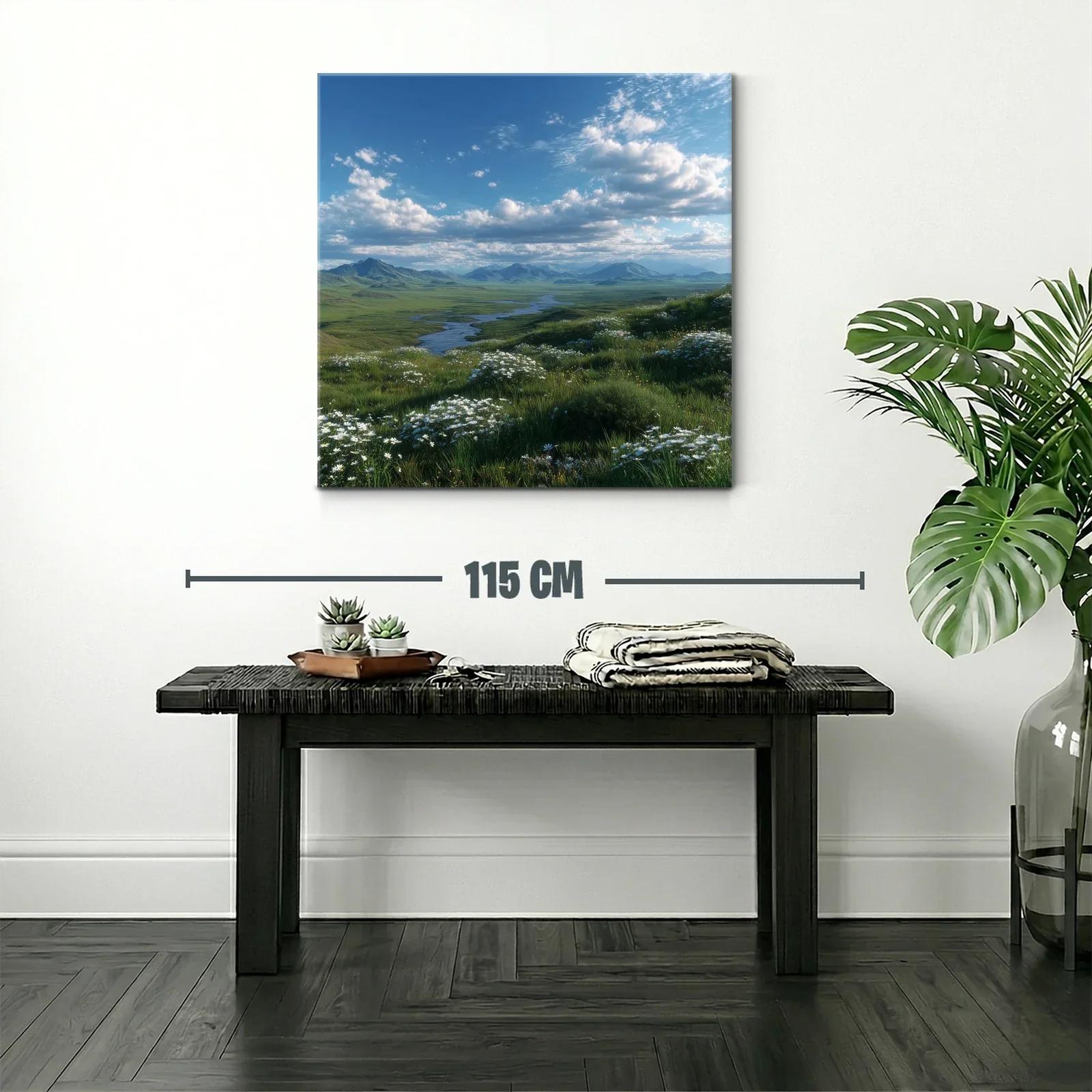 Paisaje campestre con flores blancas y cielo azul — miniatura 2