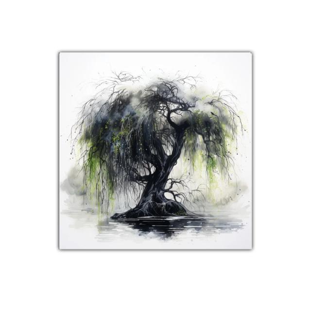 Árbol oscuro con ramas colgantes y reflejos de agua