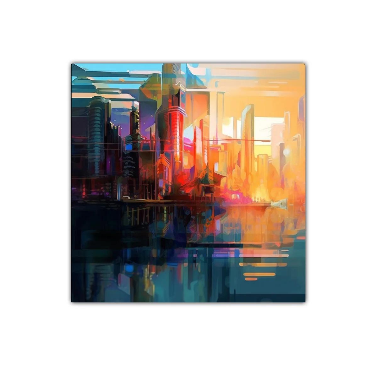 Atardecer vibrante sobre ciudad futurista y su reflejo