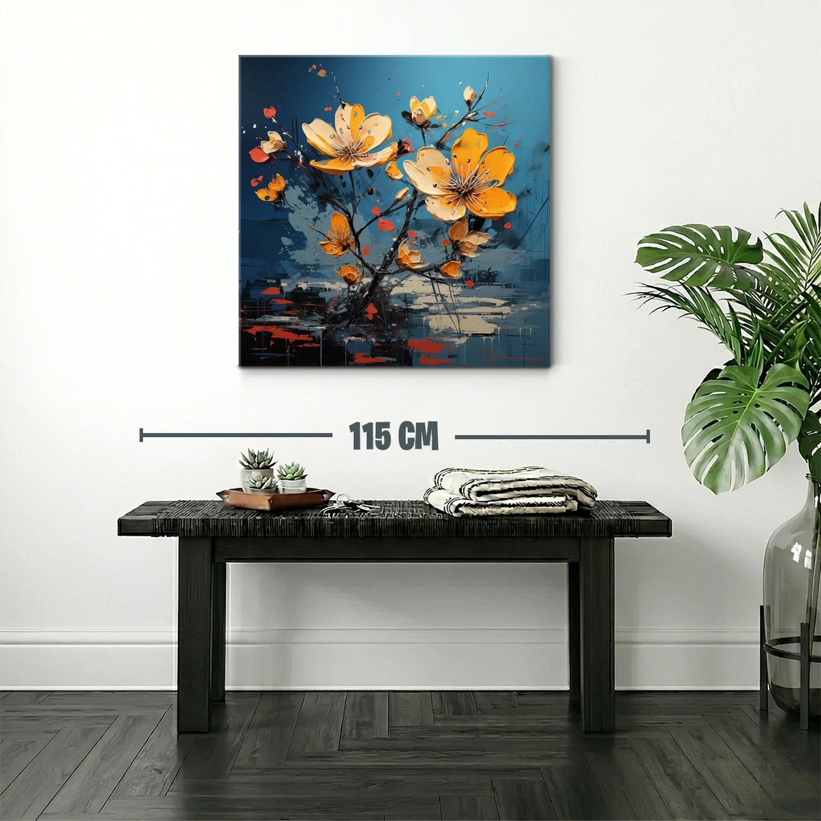 Cuadro floral en vibrantes tonos amarillos y fondo azul — miniatura 2