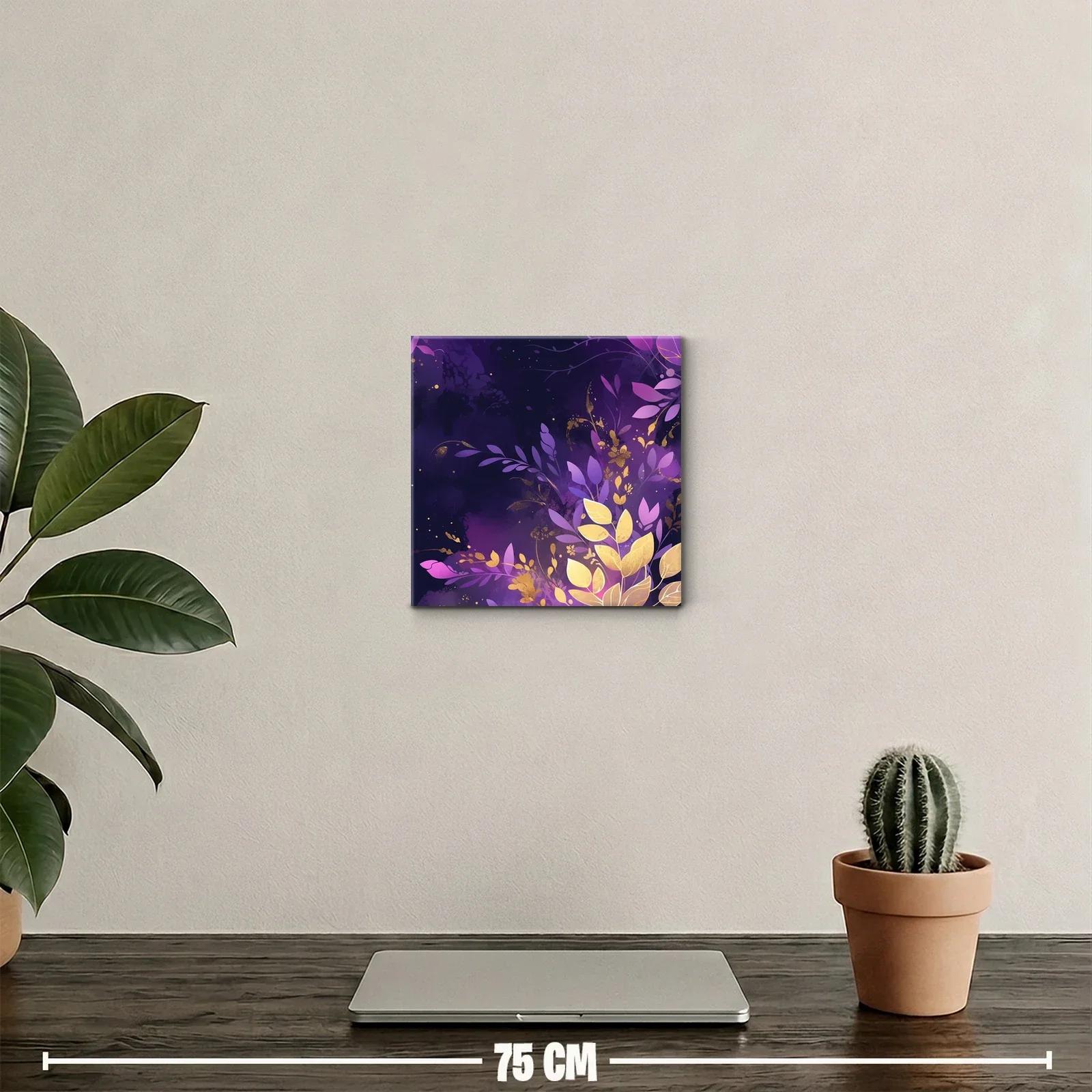 Cuadro decorativo con hojas doradas y tonos púrpuras intensos — miniatura 2