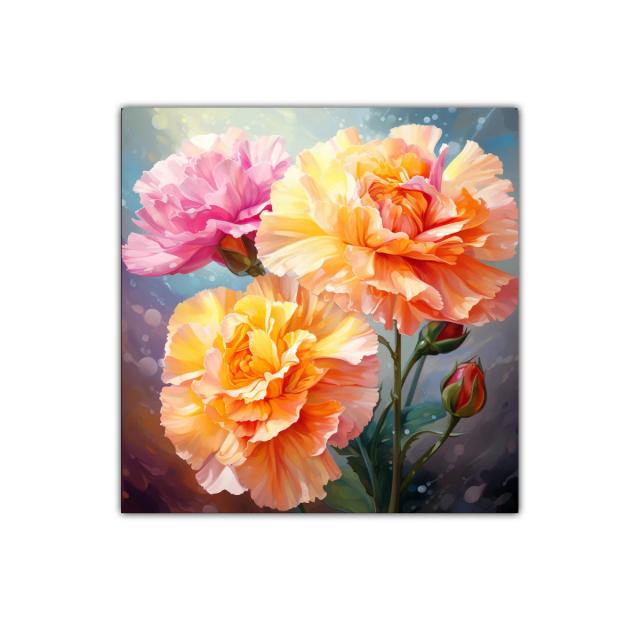 Cuadro floral vibrante con rosas en tonos cálidos y rosas