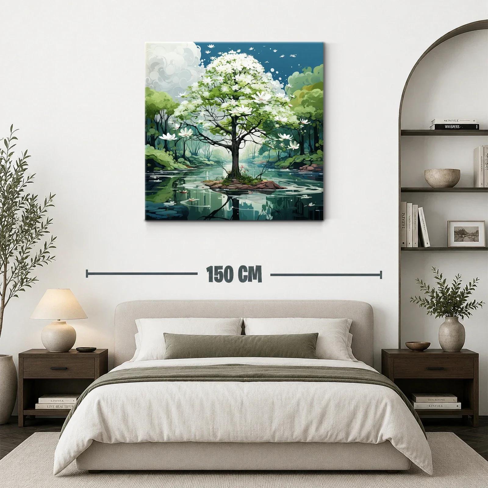 Árbol en flor sobre lago sereno con paisaje natural — miniatura 3