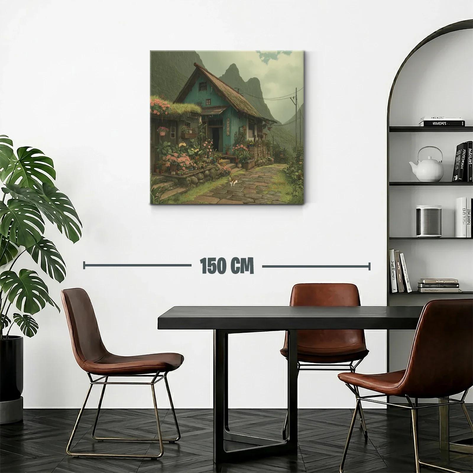 Paisaje rural con casa y jardín florido bajo lluvia suave — miniatura 2