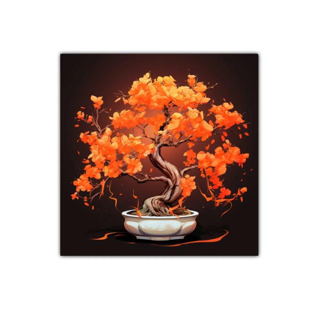 Bonsái con flores naranjas vibrantes y raíces retorcidas