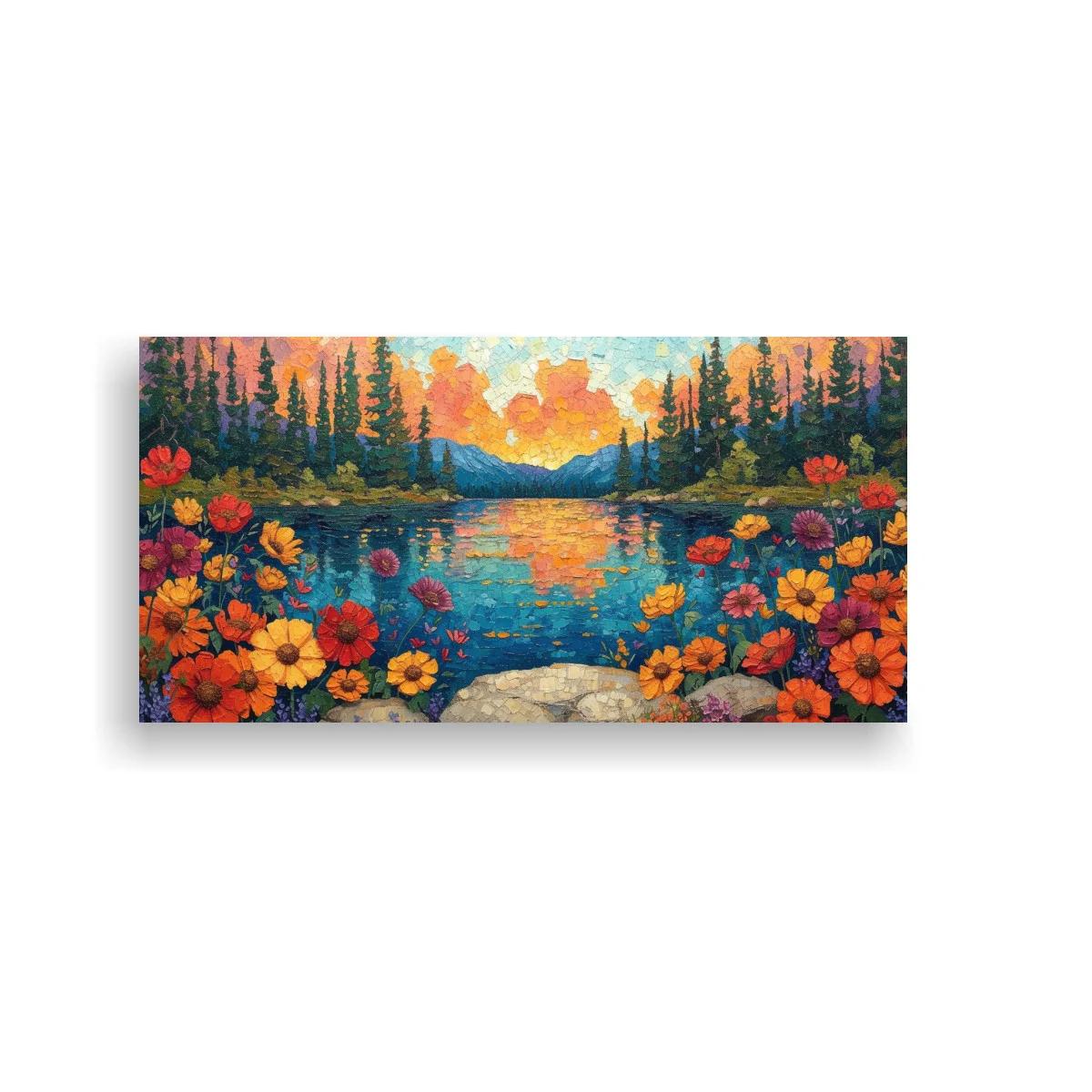Cuadro lago al atardecer con flores silvestres y árboles altos — imagen principal