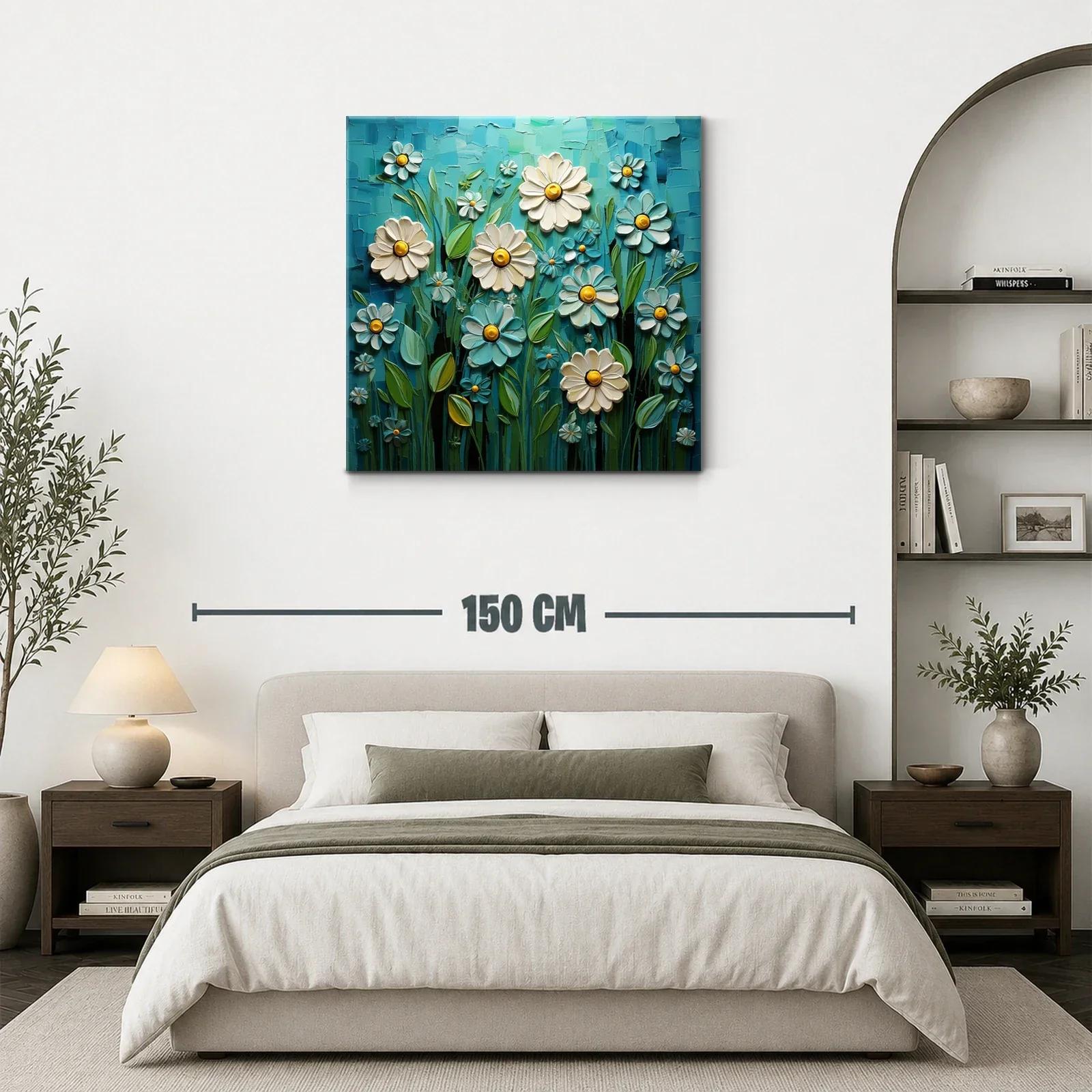 Flores blancas y azules con detalles amarillos en campo vibrante — miniatura 3
