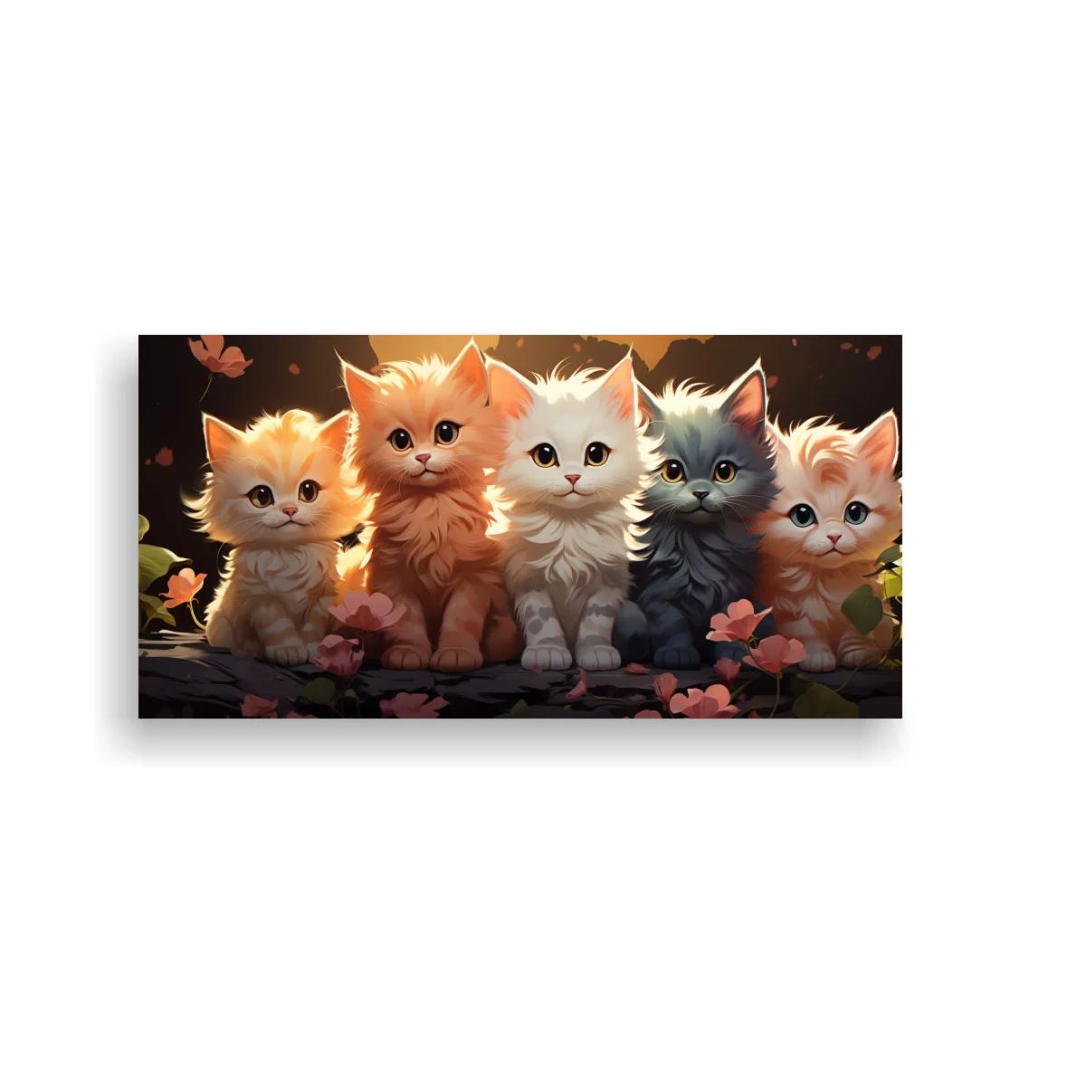 Cuadro cinco gatitos con fondo oscuro y luz cálida