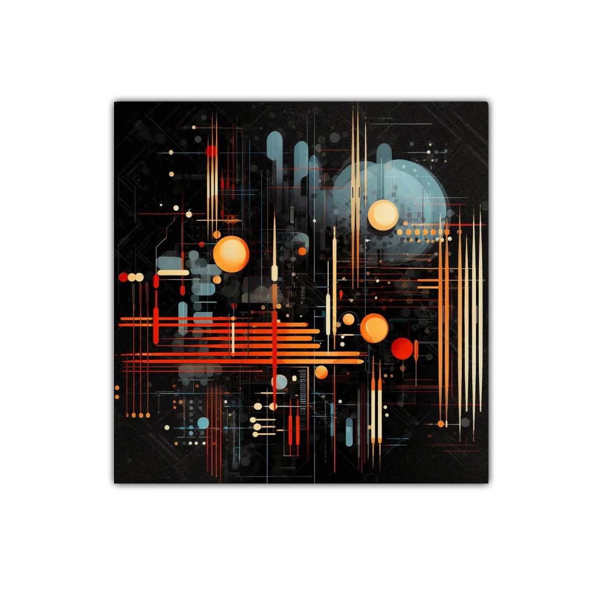 Composición abstracta en líneas y círculos cálidos sobre fondo oscuro