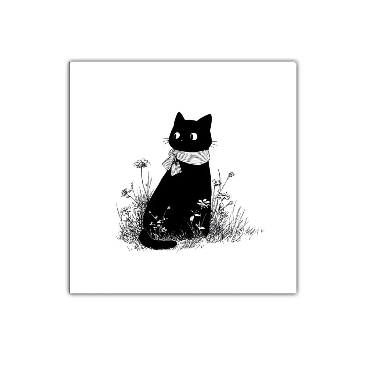 Gato negro con bufanda rodeado de flores silvestres
