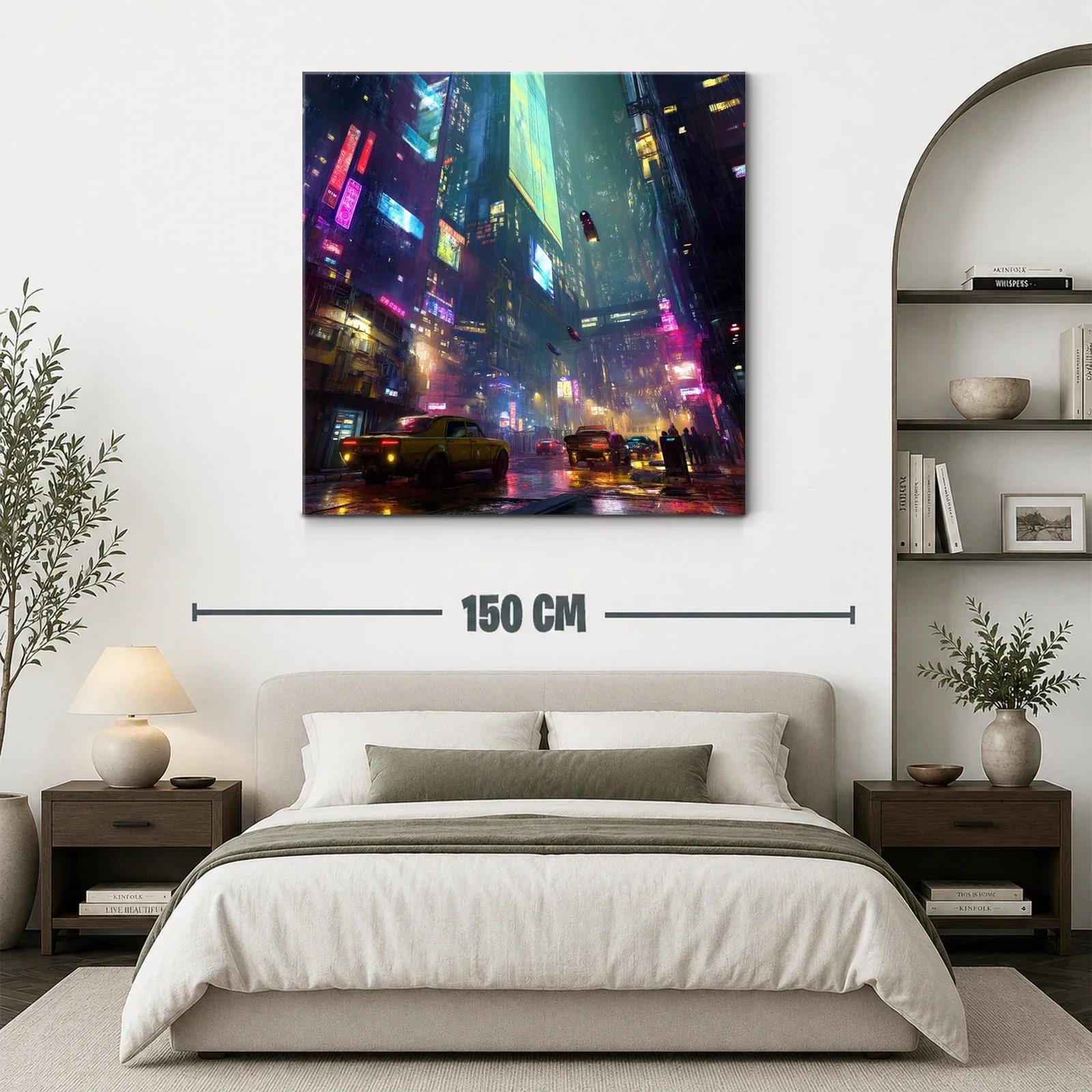 Ciudad futurista nocturna con luces de neón y tráfico urbano — miniatura 3