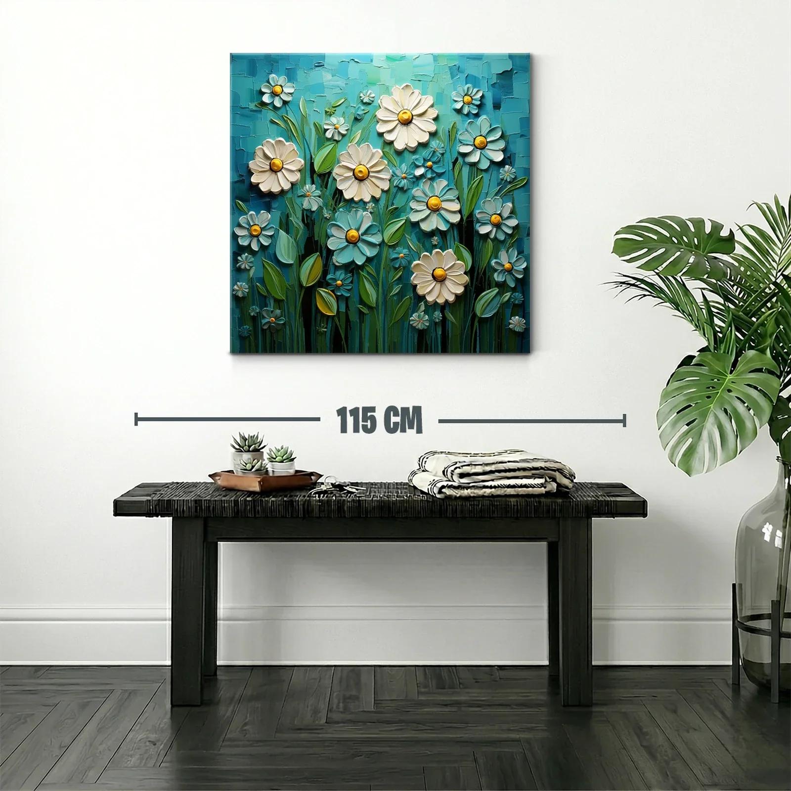 Flores blancas y azules con detalles amarillos en campo vibrante — miniatura 2