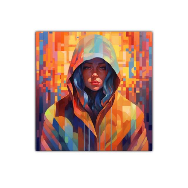 Retrato vibrante con capucha entre píxeles coloridos