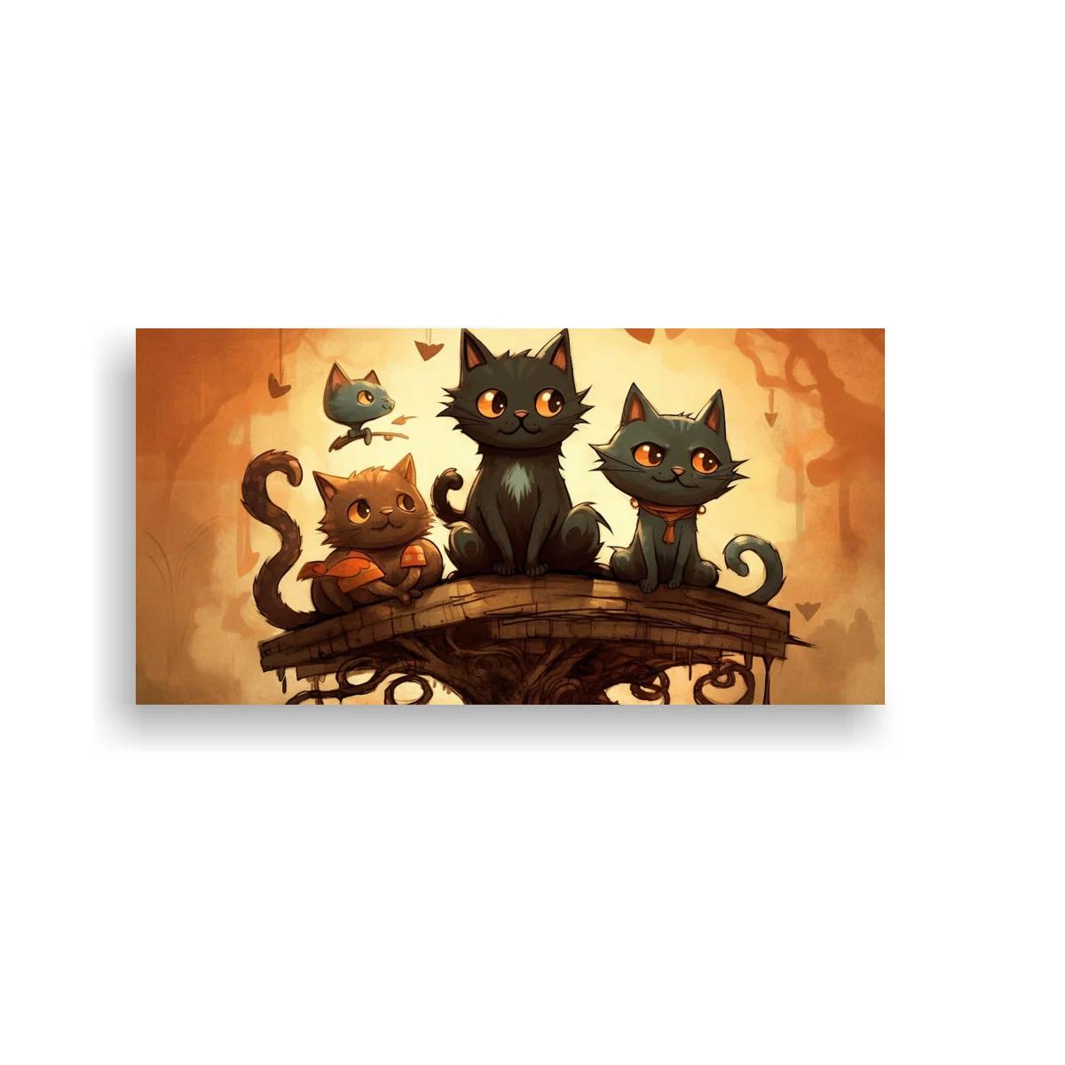 Cuadro tres gatos negros y marrones sobre rama de árbol