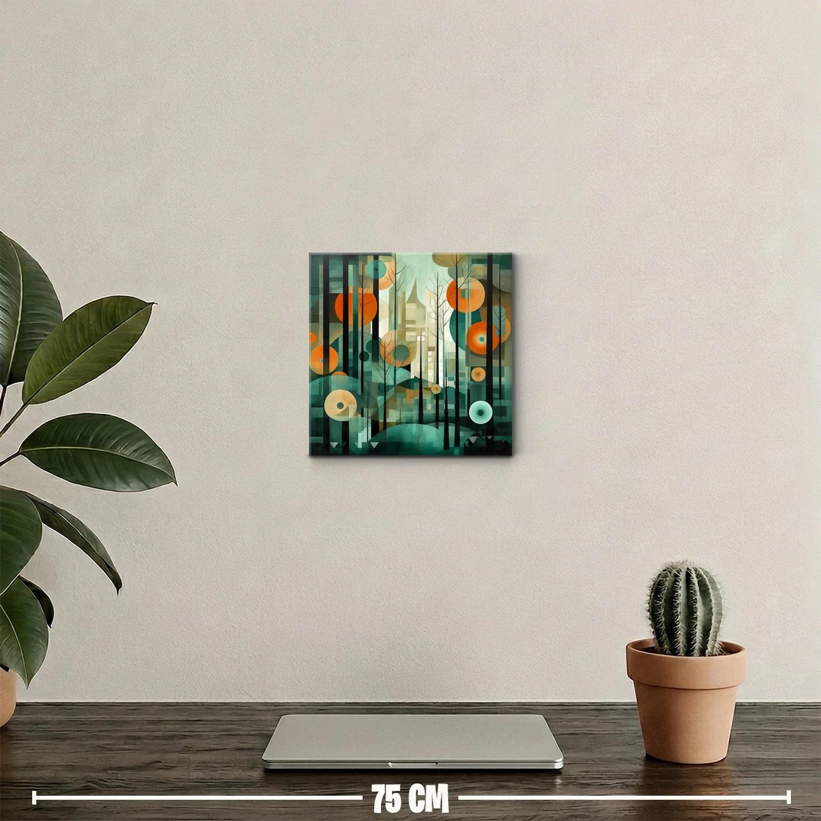 Cuadro abstracto con formas circulares y siluetas de árboles — miniatura 2