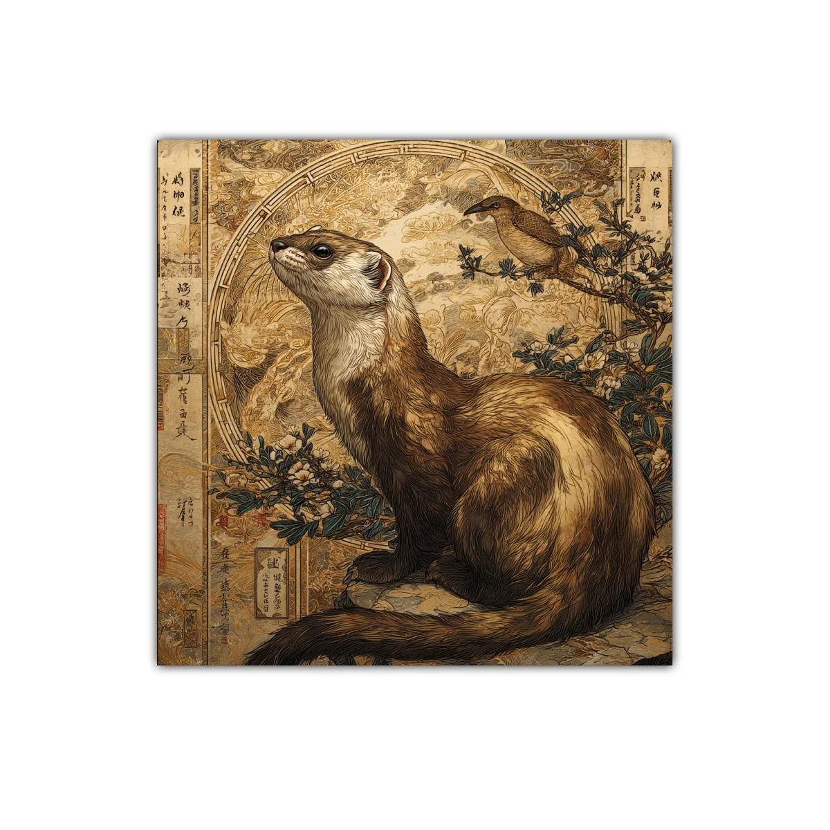 Cuadro decorativo de hurón y ave en estilo oriental — imagen principal